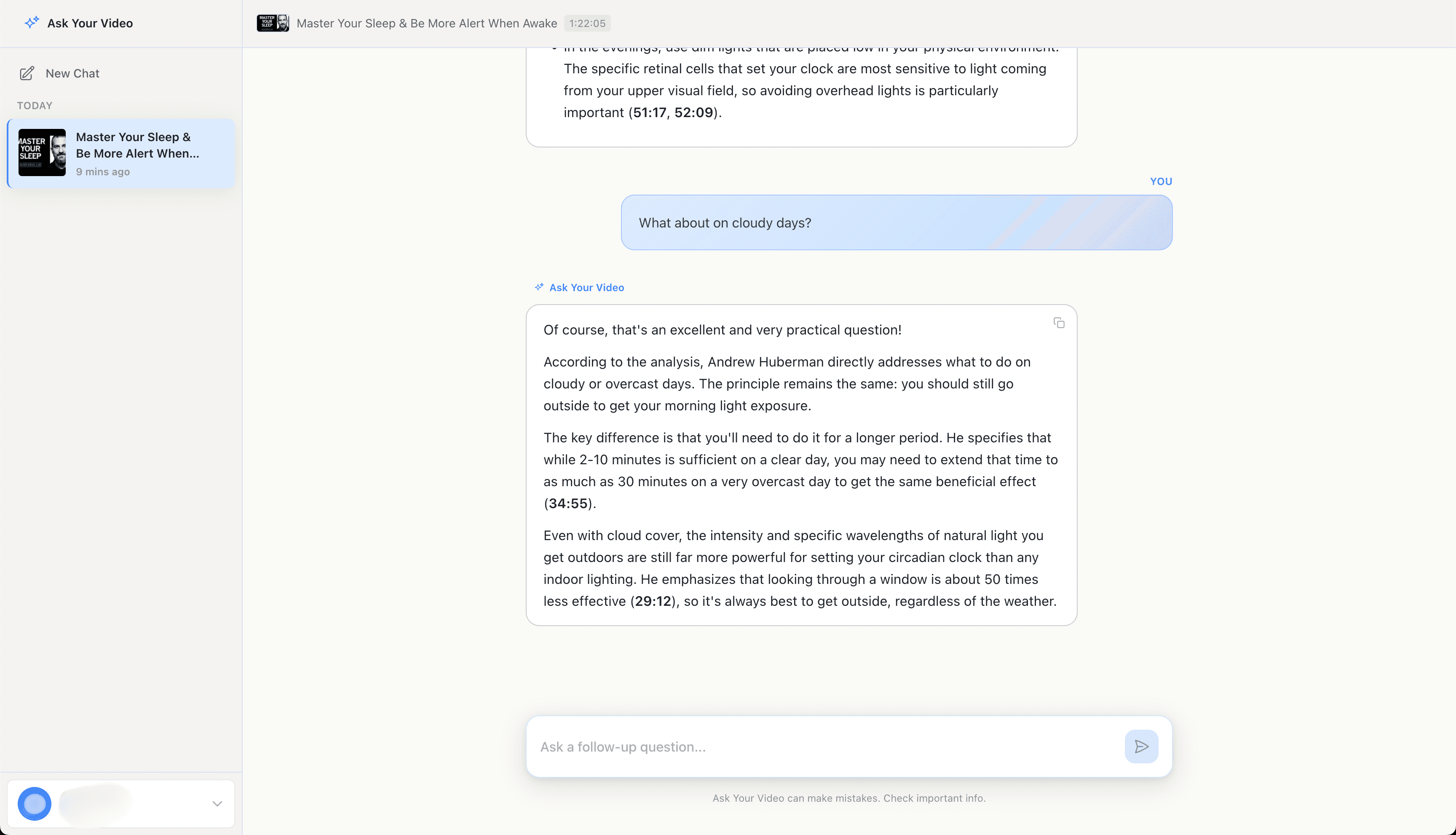 Follow-up conversation asking about cloudy days with timestamped response